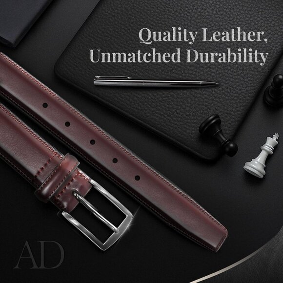 Genuine Wine Red Leather Dress Belt for Men Tan Men Belt for Suits Jeans Uniform - Picture 2 of 7